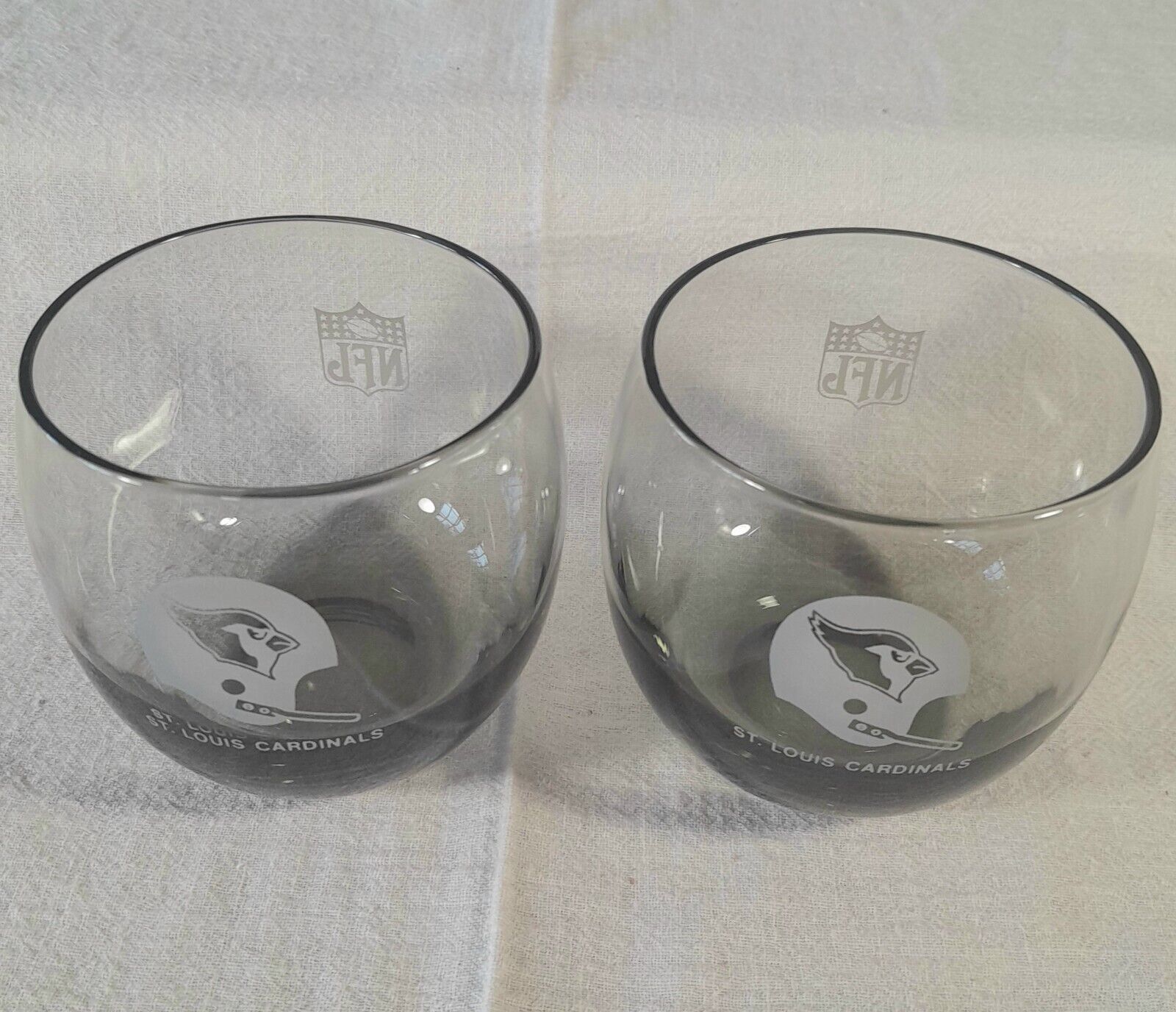 Two (2) VTG. St. Louis Cardinals NFL Smoke Gray Roly Poly Rocks Whiskey Glasses