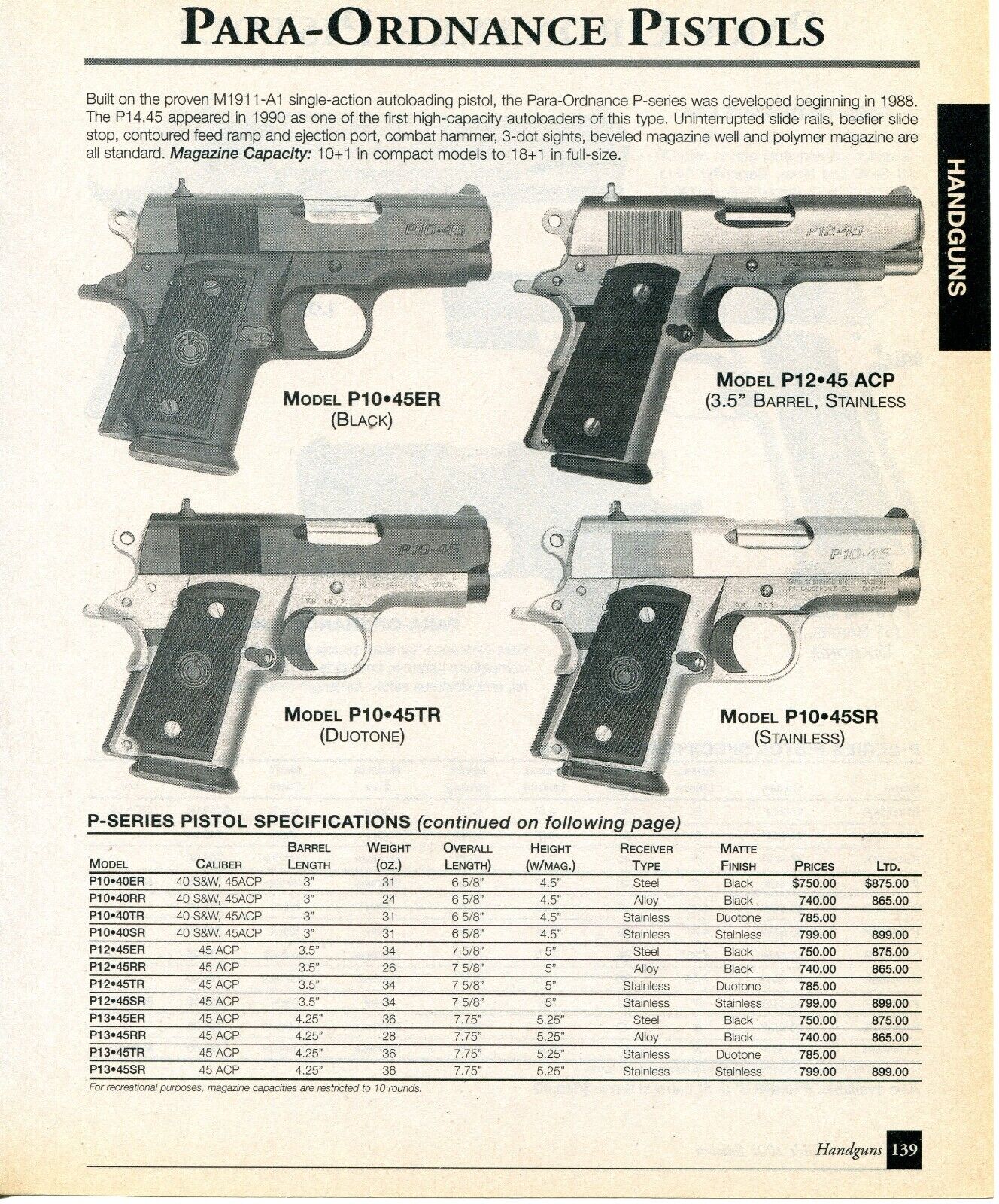 2001 Print Ad of Para Ordnance Pistol Model P10-45ER LDA P13 P16-40 P10-45SR P12
