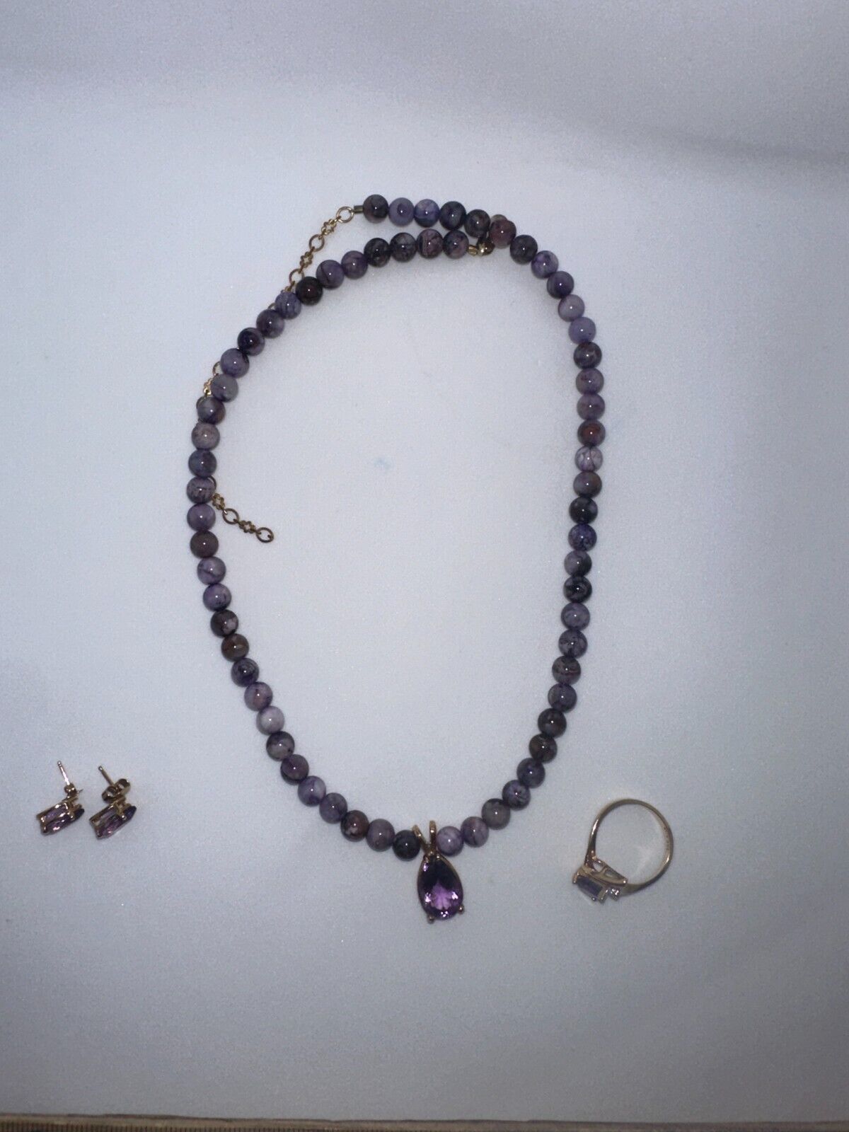 Stunning Purple Amethyst Jewelry Set - Necklace, 14k Gold Ring and Earrings