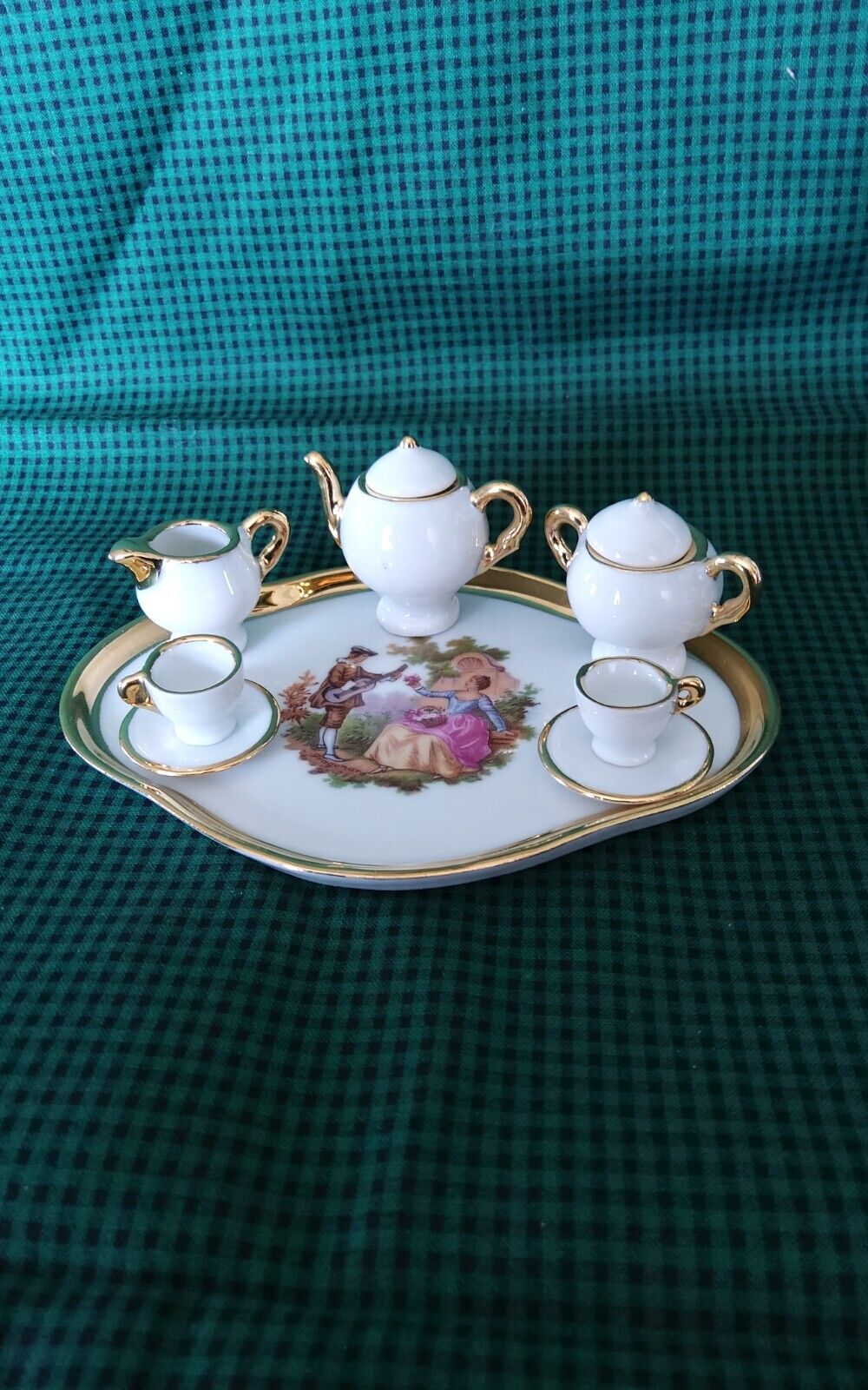 Vintage Limoges 10 Piece Minature Tea Set French Gold Trim Courting Couple