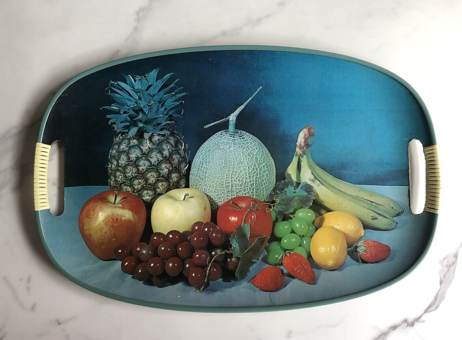 Vintage Mid Century Serving Tray W/ Fruit Photo Pattern Wrapped Handles Barware