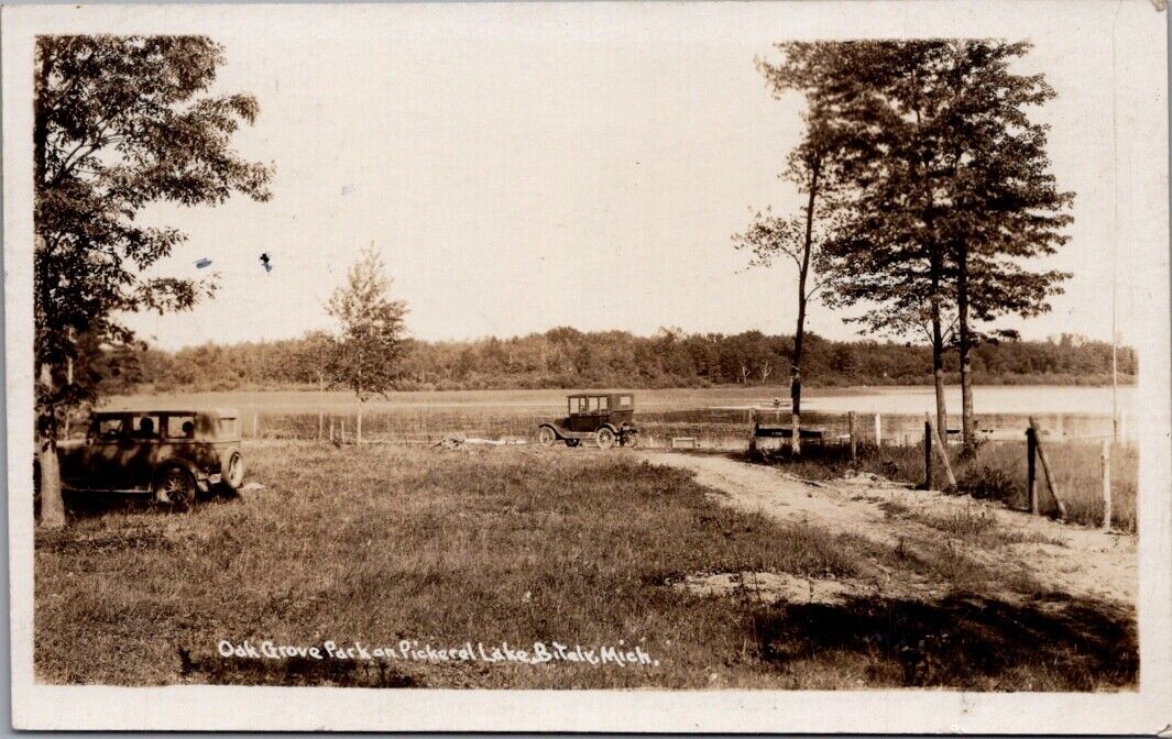 1930, Oak Grove Park on Pickerel Lake, BITELY, Michigan Real Photo Postcard
