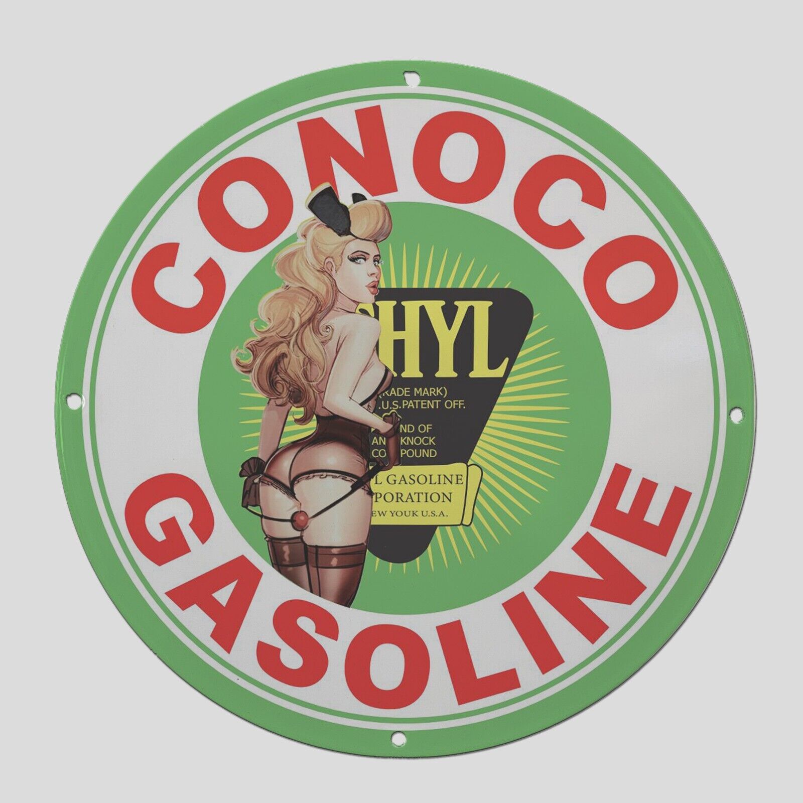 VINTAGE CONOCO GASOLINE OIL GREEN PINUP GIRL PORCELAIN GAS PUMP SIGN