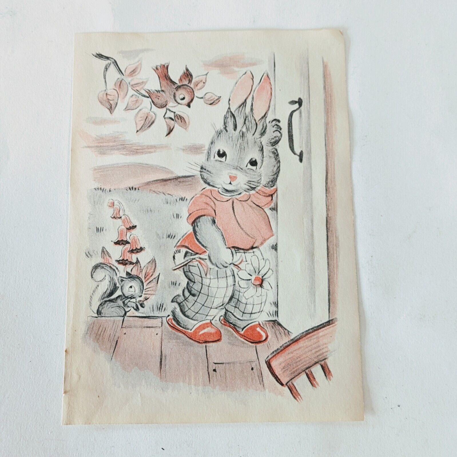 1958 print rabbit in doorway with flower little rabbits bath