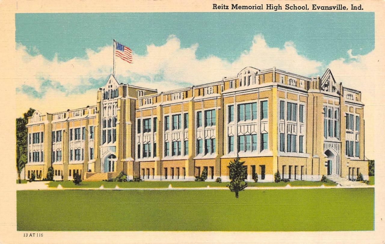 EVANSVILLE, IN Indiana   REITZ MEMORIAL HIGH SCHOOL   c1940's Linen Postcard