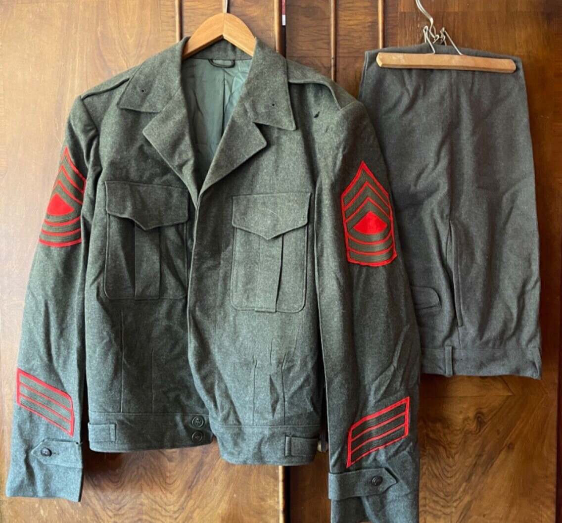 USMC  WWII/KOREA EISENHOWER IKE JACKET AND BUTTON FRONT PANTS MSGT NAMED