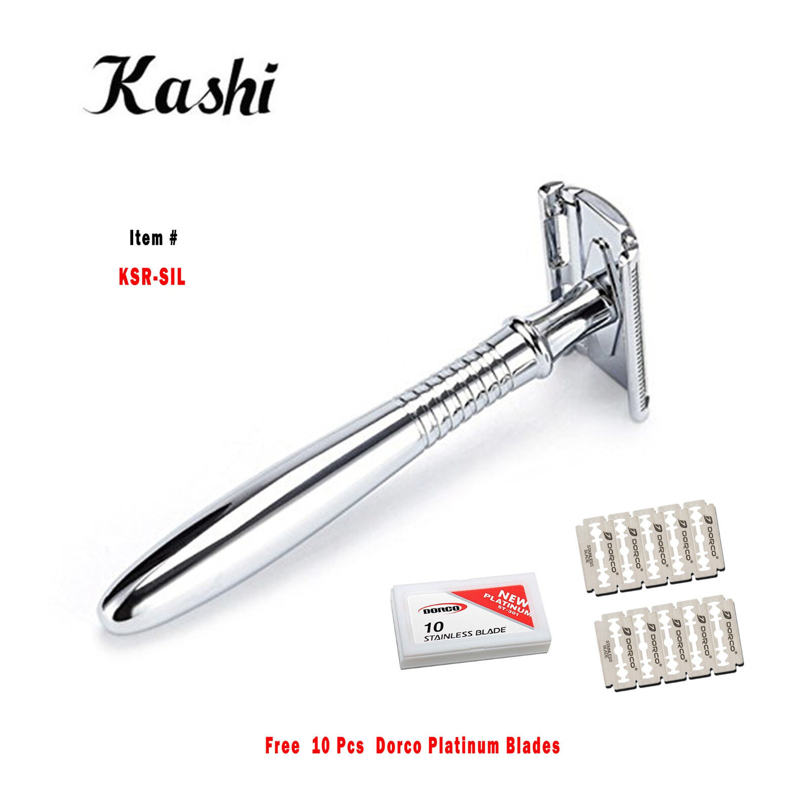 Professional Kashi Double Edge Chrome Shaving Safety Razor + 10 Dorco Blades