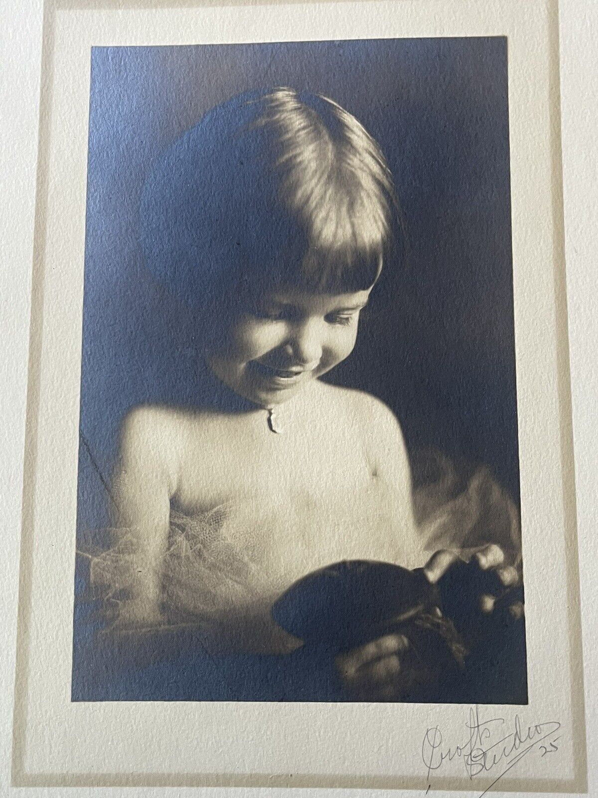Luminous 1925 Large Studio Portrait Of A Child With Toy And A Delighted Face