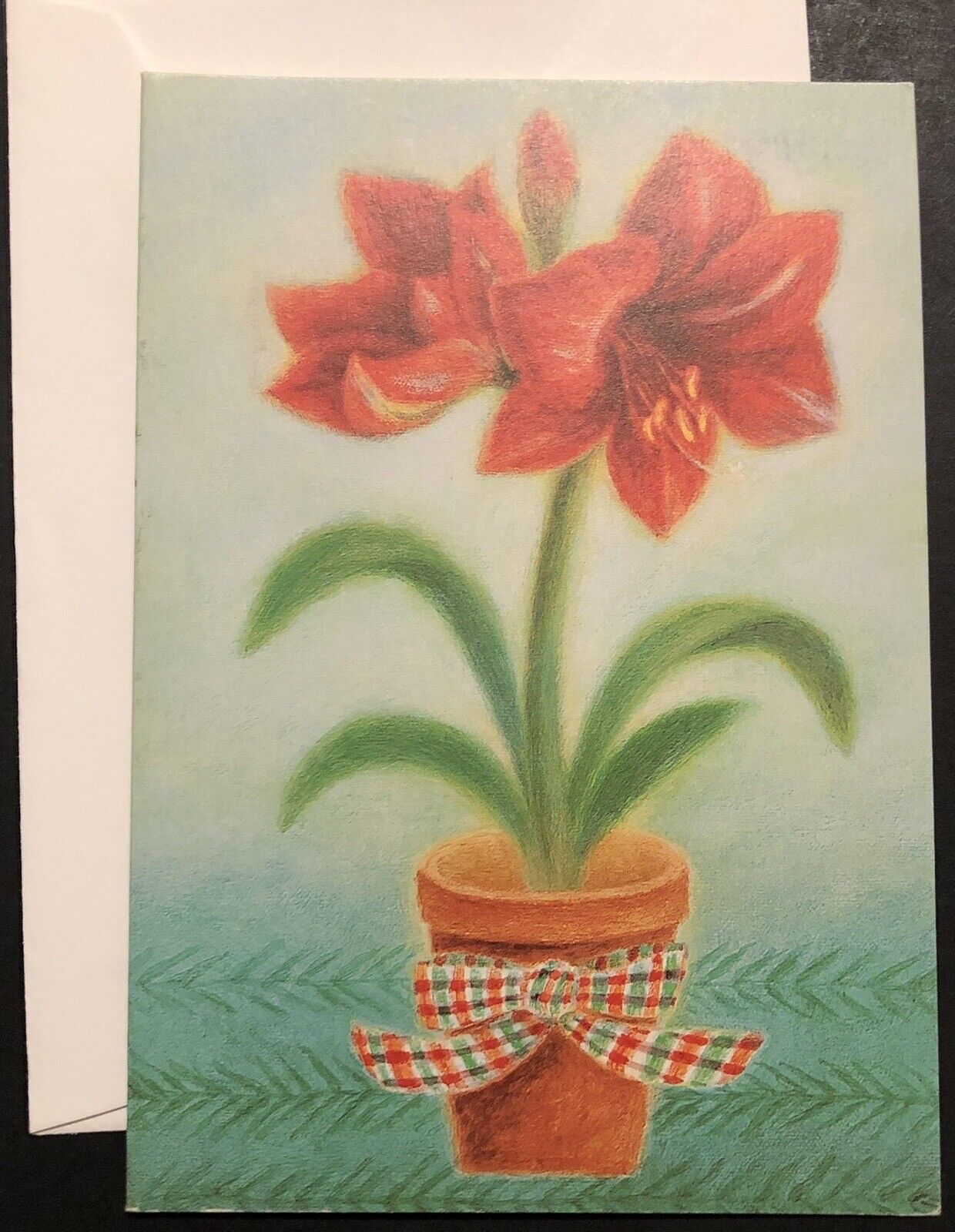 NEW Christmas Greeting Card Beautiful Red Amaryllis In Pot W/Red Green Plaid Bow