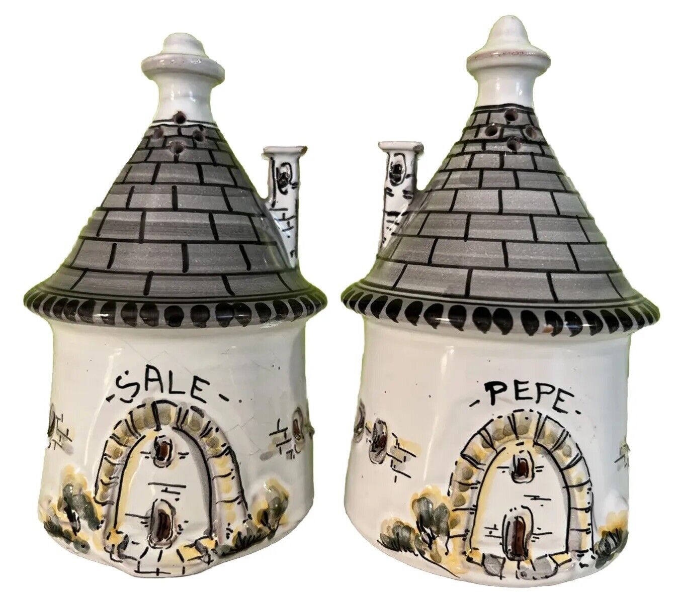 Vintage Italian Pottery L’Assainato Grottaglie Salt Pepper Shaker Twin Houses