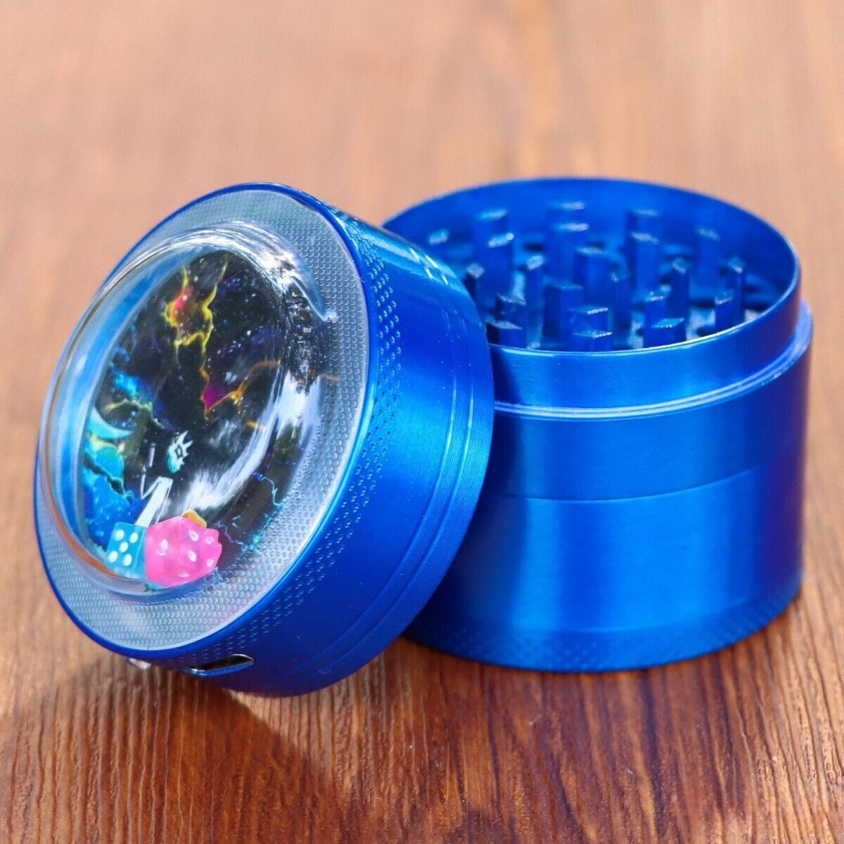 50mm 4-Layer Zinc Alloy Herb Grinder with Illuminated Dice Lid, Blue