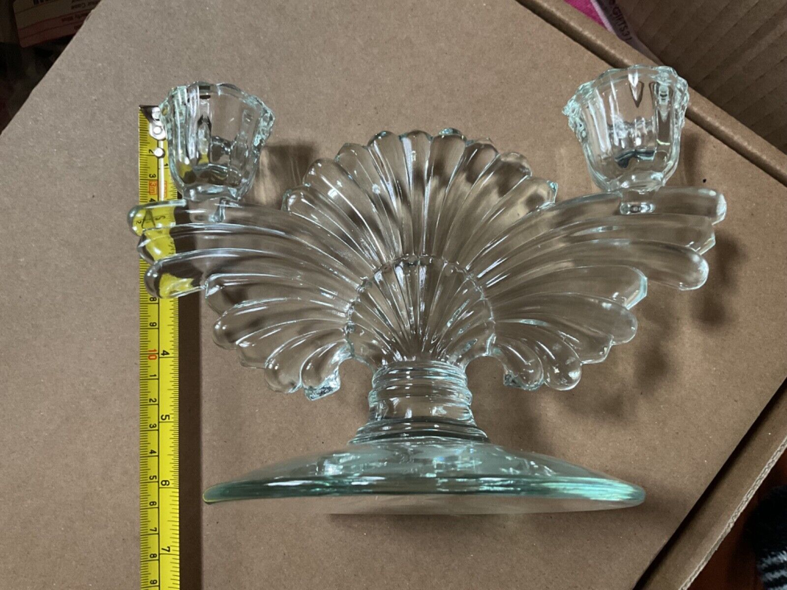 Vintage 1940s Pressed Glass Double Candle Stick Holder with Etching on base