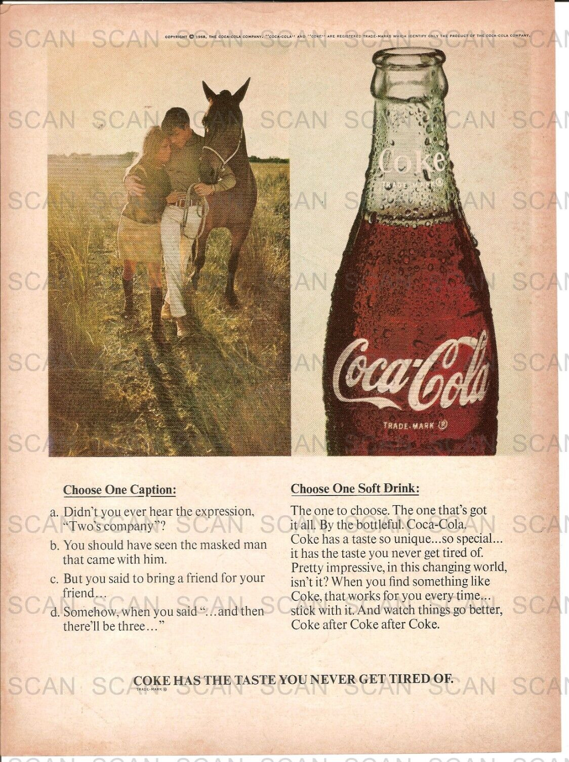 1968 Coca Cola Vintage Magazine Ad   Young Couple with a Horse