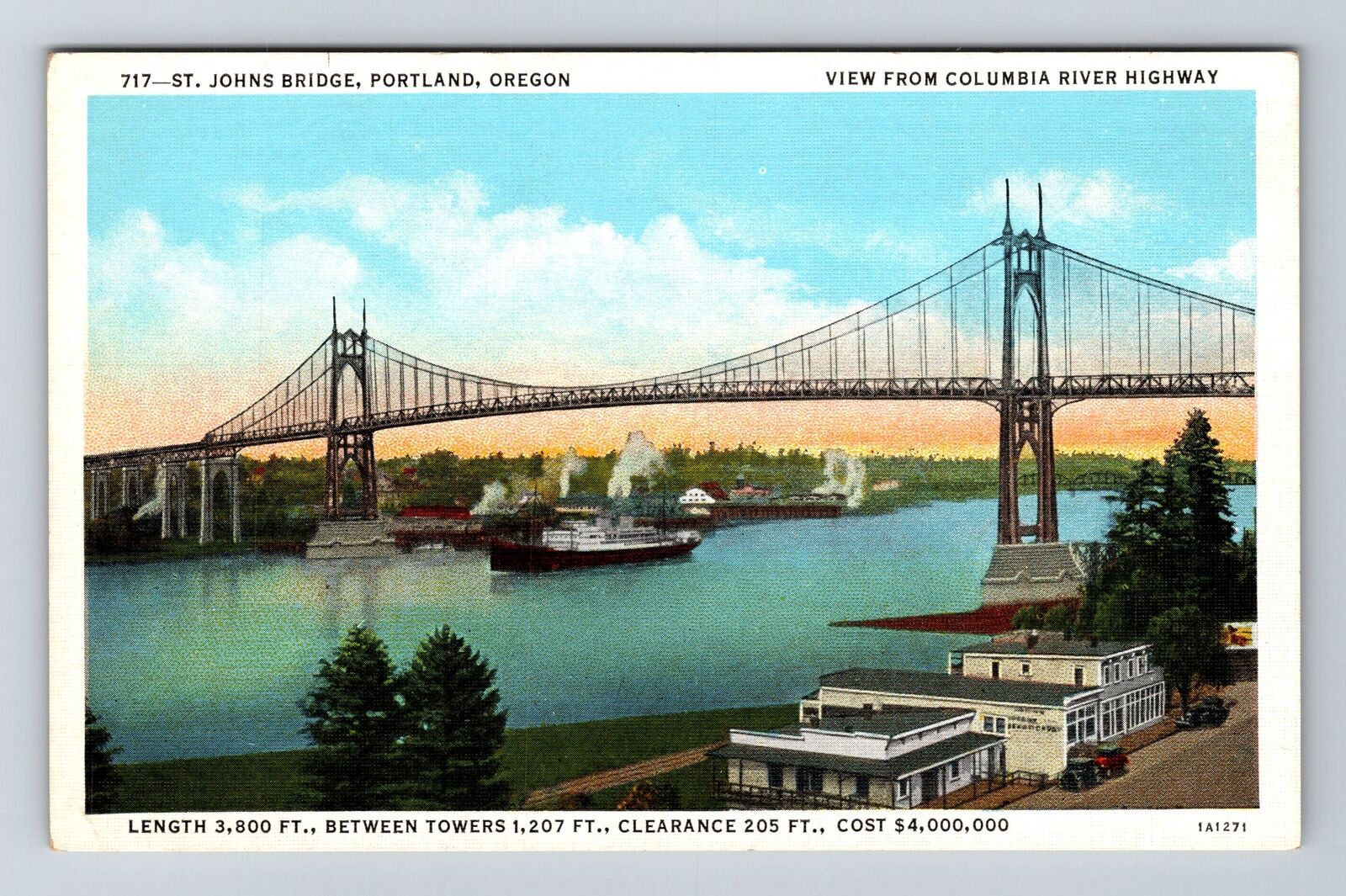 Portland OR-Oregon, St. John's Bridge, Ship Passing, Vintage Postcard