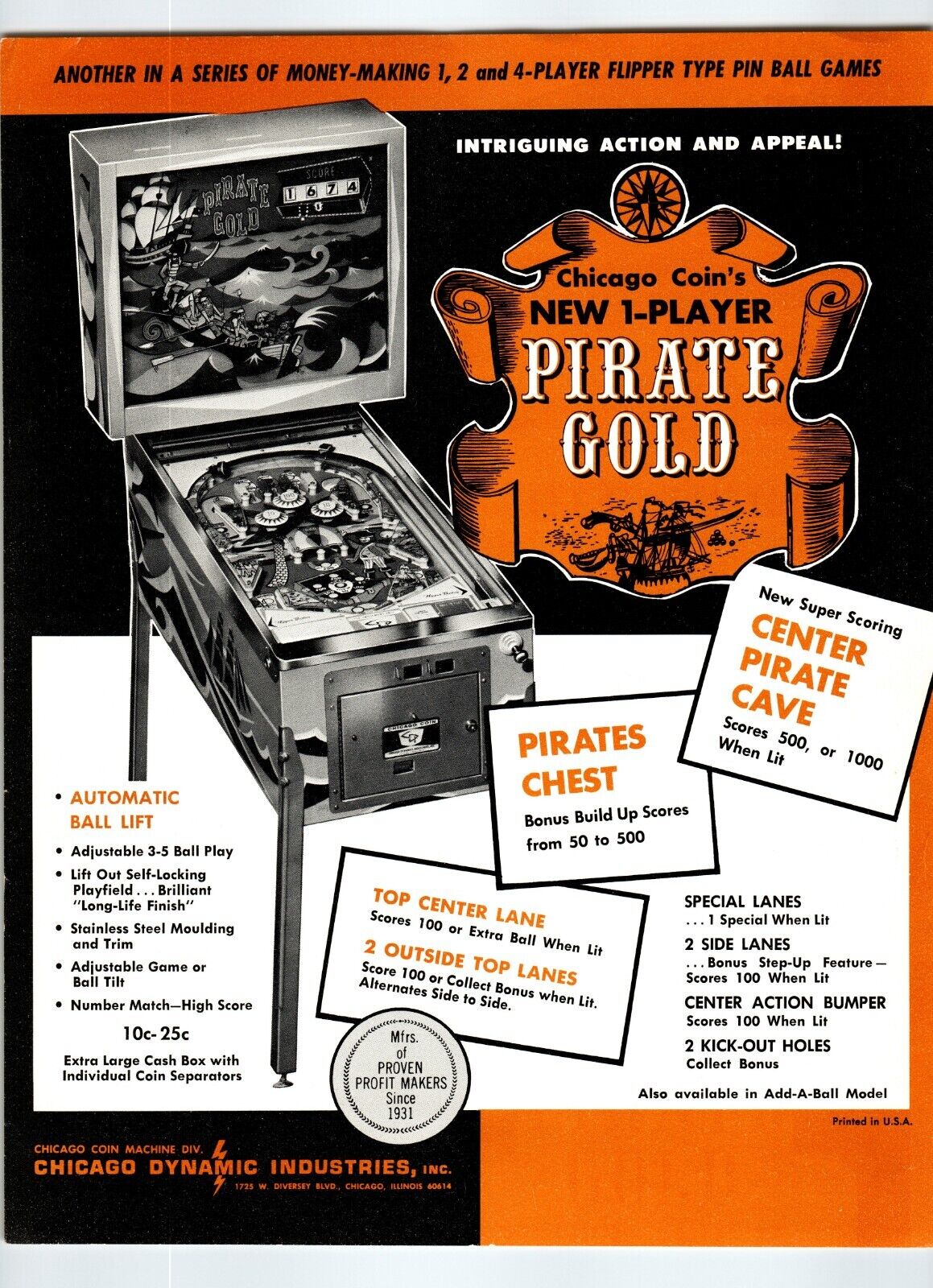 Pirate Gold Pinball Machine FLYER Original 1969 Retro Vintage Art 8.5\