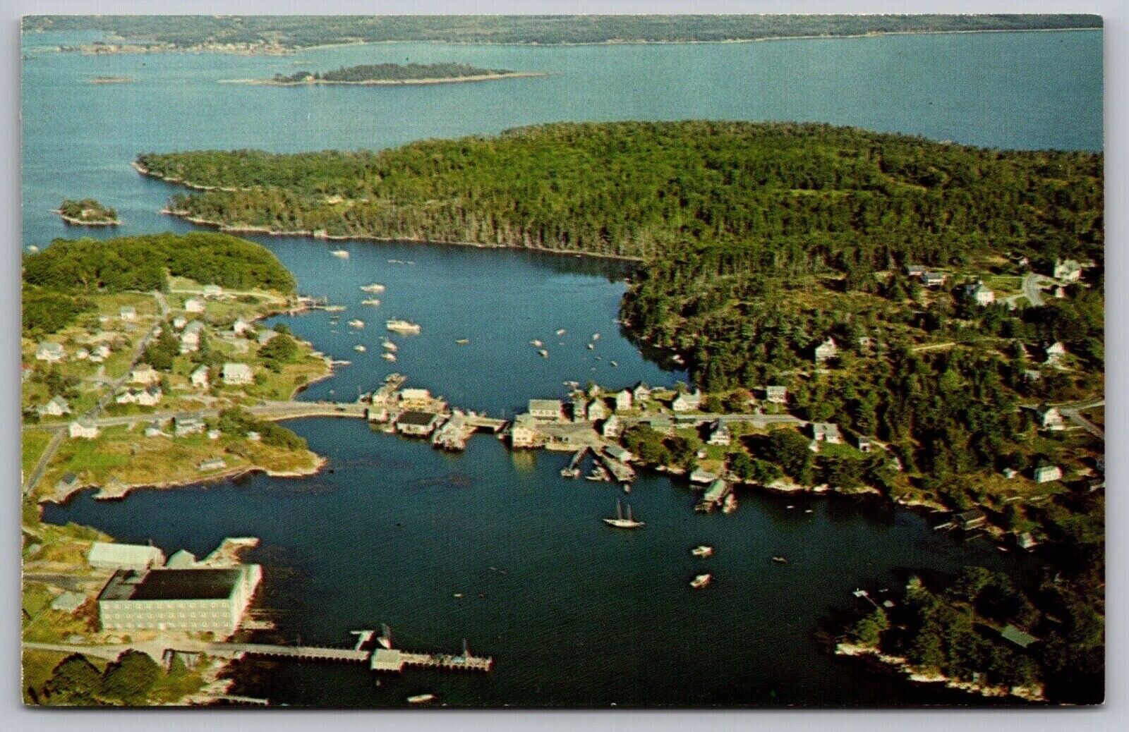 Maine South Bristol Aerial View Harbor Drawbridge Johns Bay Beach VTG Postcard