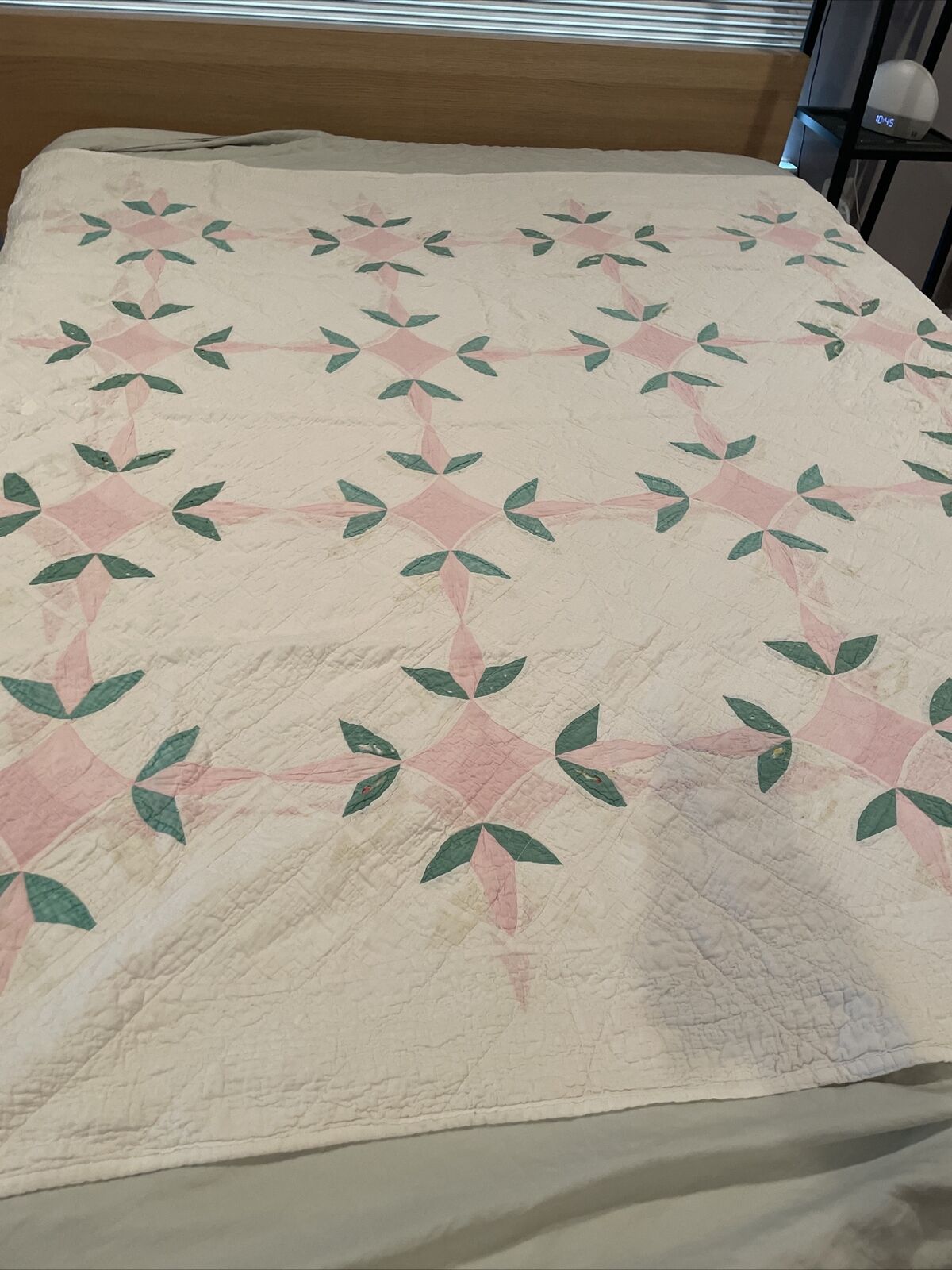 Antique Pink Green & white quilt Mystery Star  68” Square Needs TLC