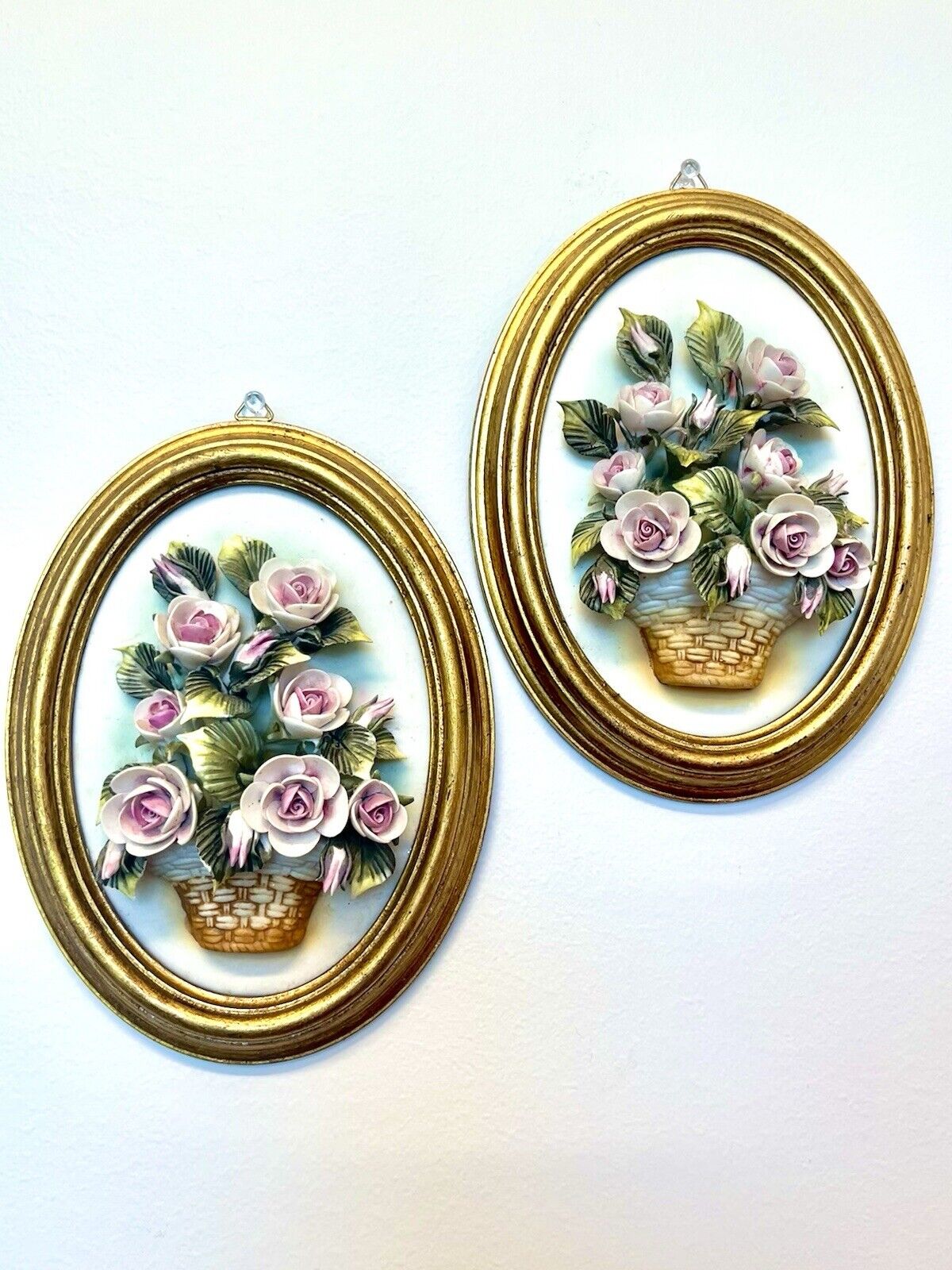 Set of Handmade Capodimonte Style, Porcelain Bouquet, in Gold Oval Wall Plaques
