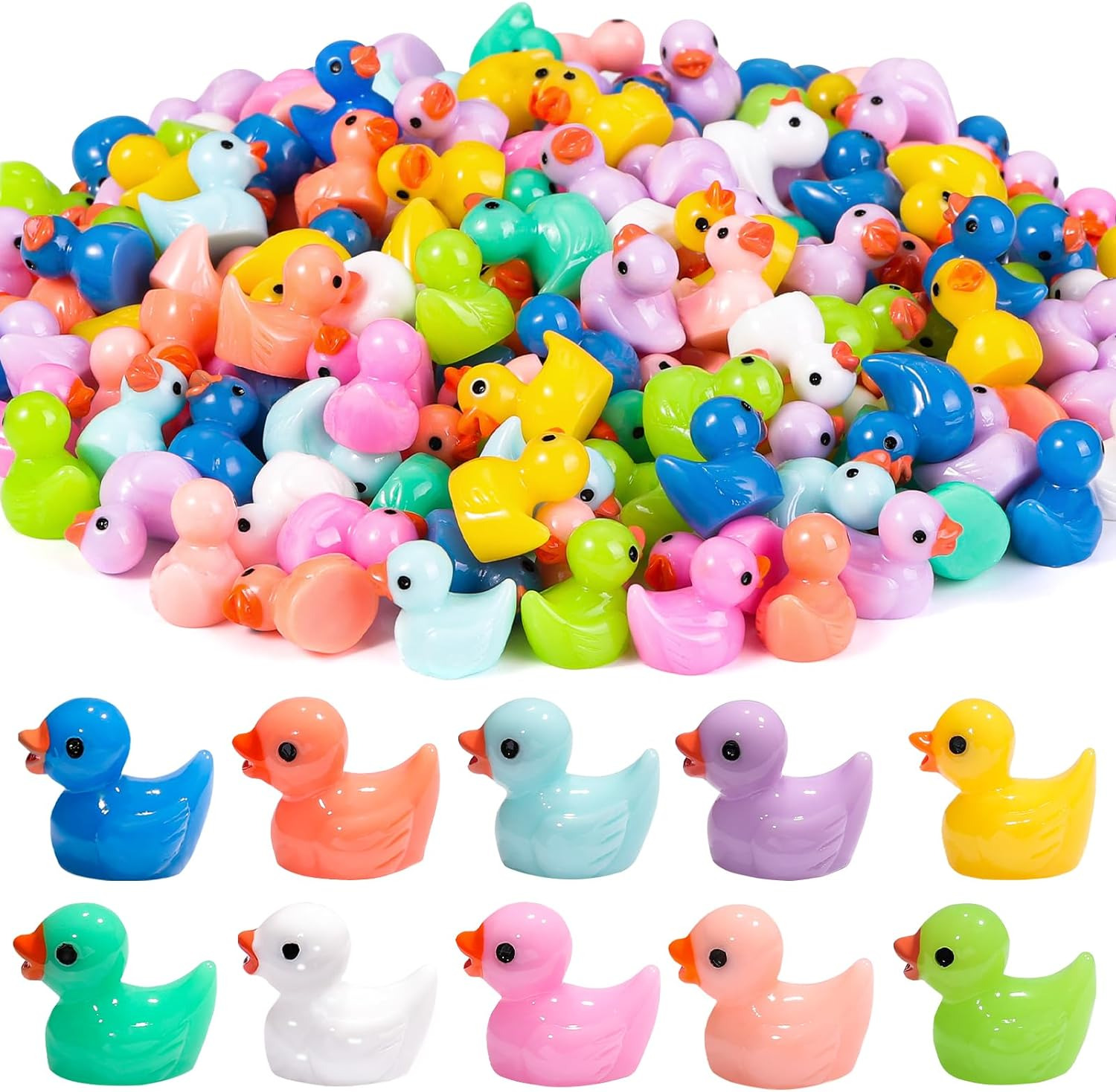 200Pcs Tiny Ducks 10 Colors Little Duck Figures Mini Resin Ducks Plastic Small M