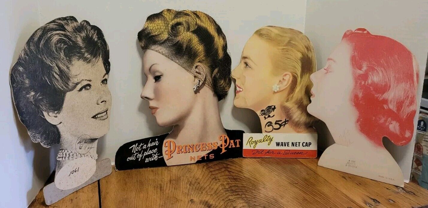 4 Vintage Hair Net Store Display Ladies Heads Princess Pat Royalty 14\