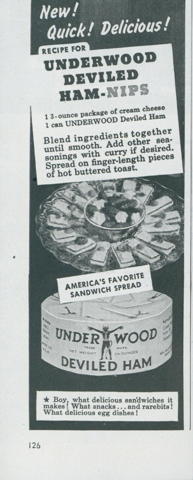 1948 Underwood Deviled Ham Nips Recipe Sandwiches Quick Vintage Print Ad AH1