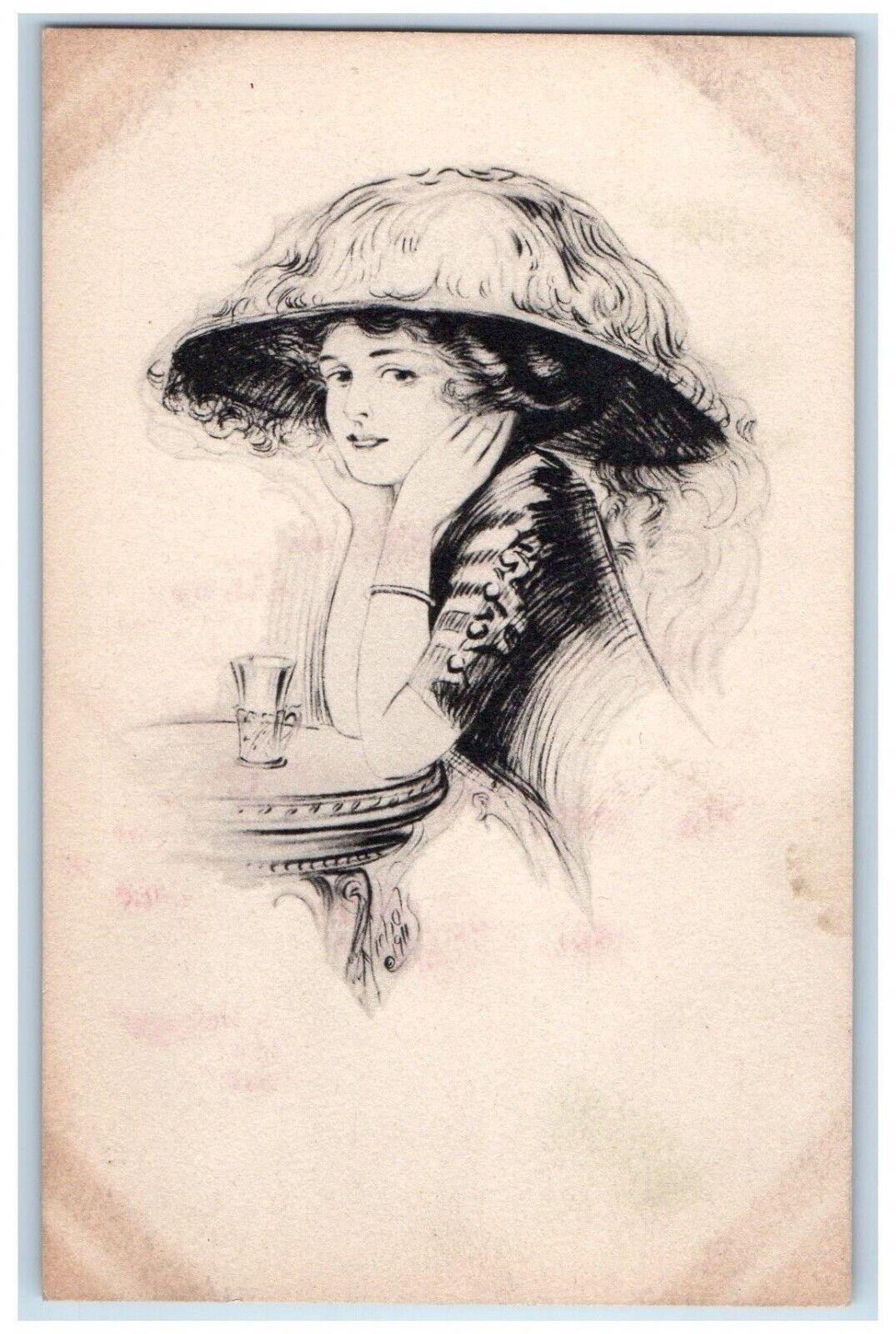 Raymond Howe Postcard Pretty Woman Curly Hair Big Hat c1910\'s Unposted Antique