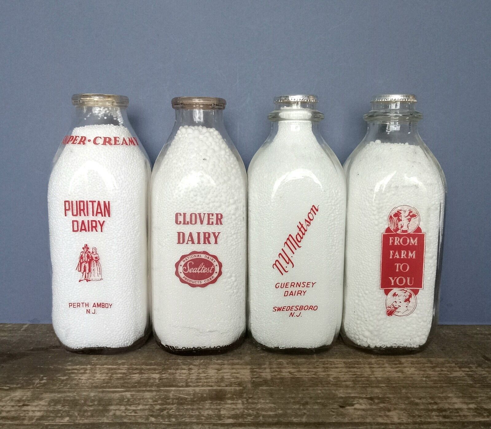 4 Vintage Dairy Milk Bottles One Quart Glass PURITAN CLOVER ALLENDALE GUERNSEY