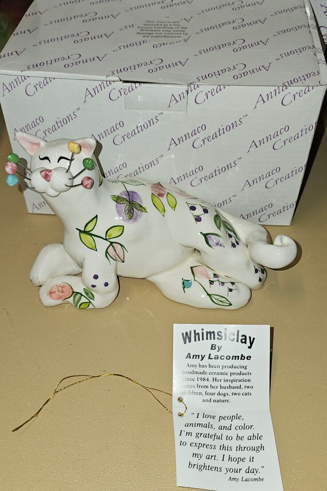 Annaco Creations Amy Lacombe WHIMSICLAY Cat Figurine with Flower decorations NIB