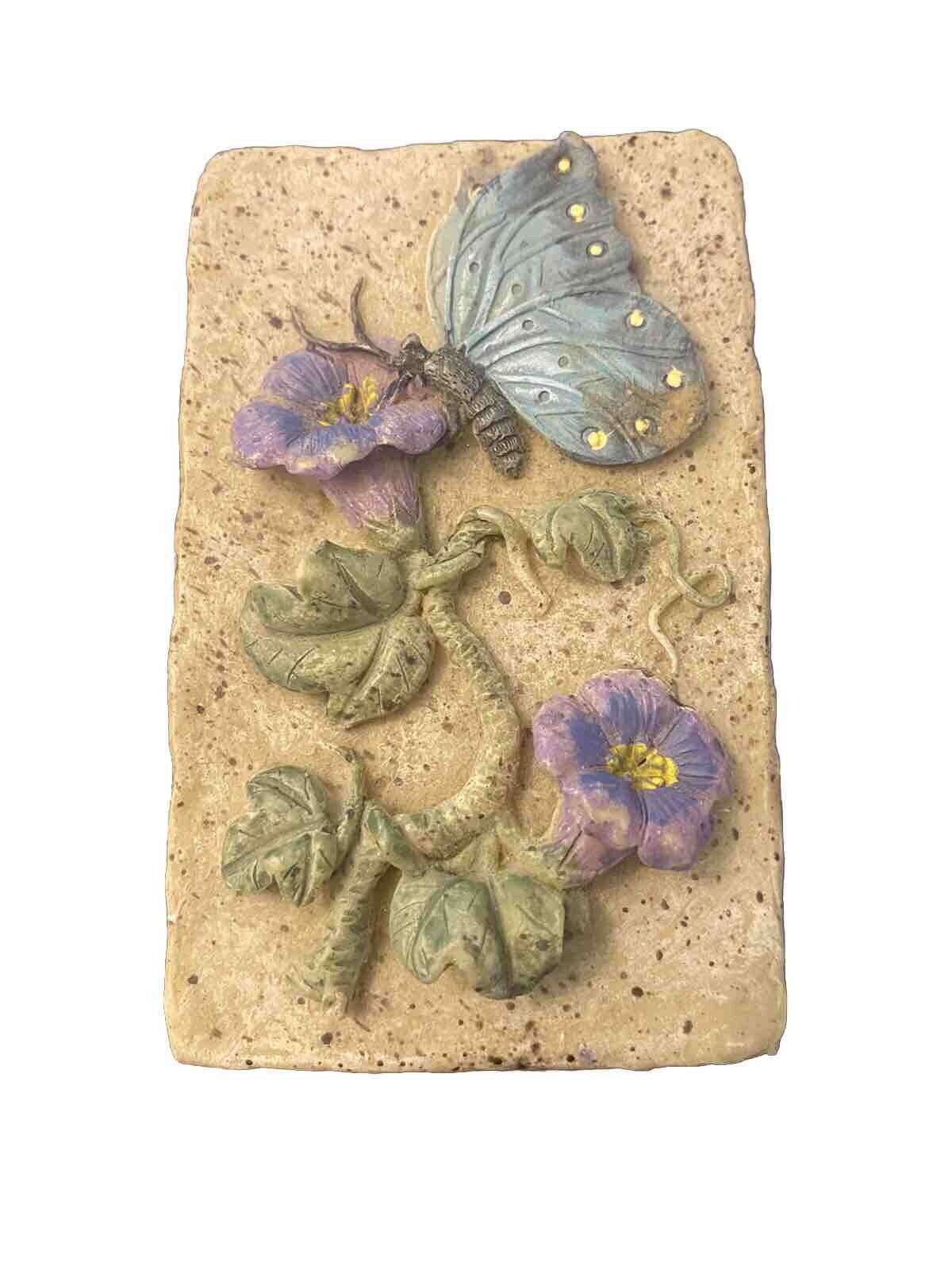 BUTTERFLY AND FLOWERS STONE RESIN JEWELRY TRINKET BOX EUC
