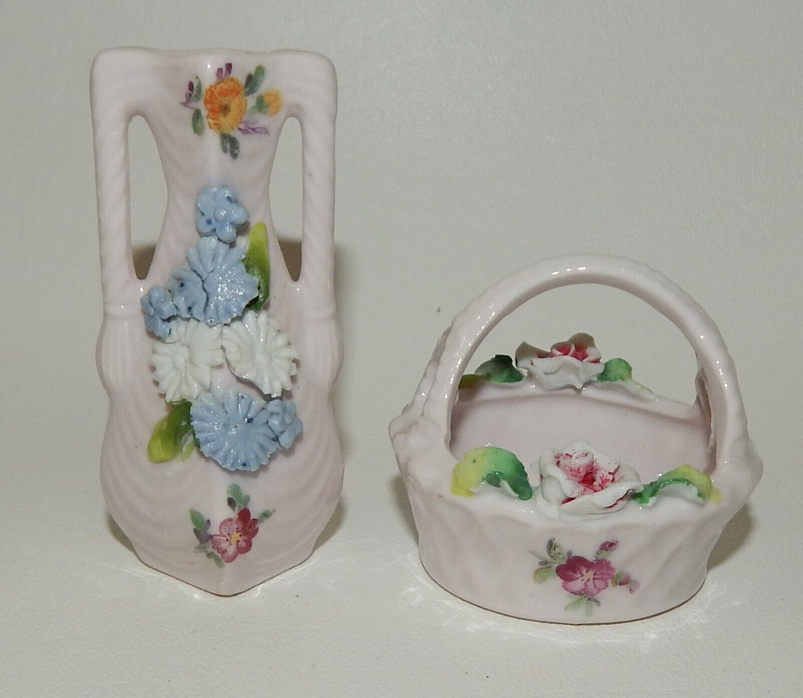 Antique Germany Elfinware Miniature Pink Vase & Basket - Roses Asters