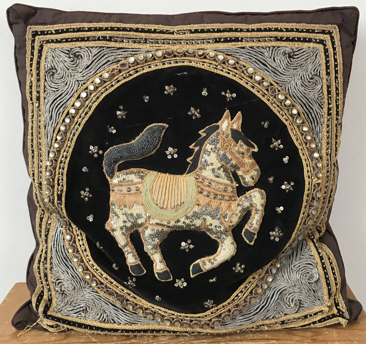 Vtg Middle Eastern Beaded Sequin Velvet Fabric Embroidered Horse Throw Pillow