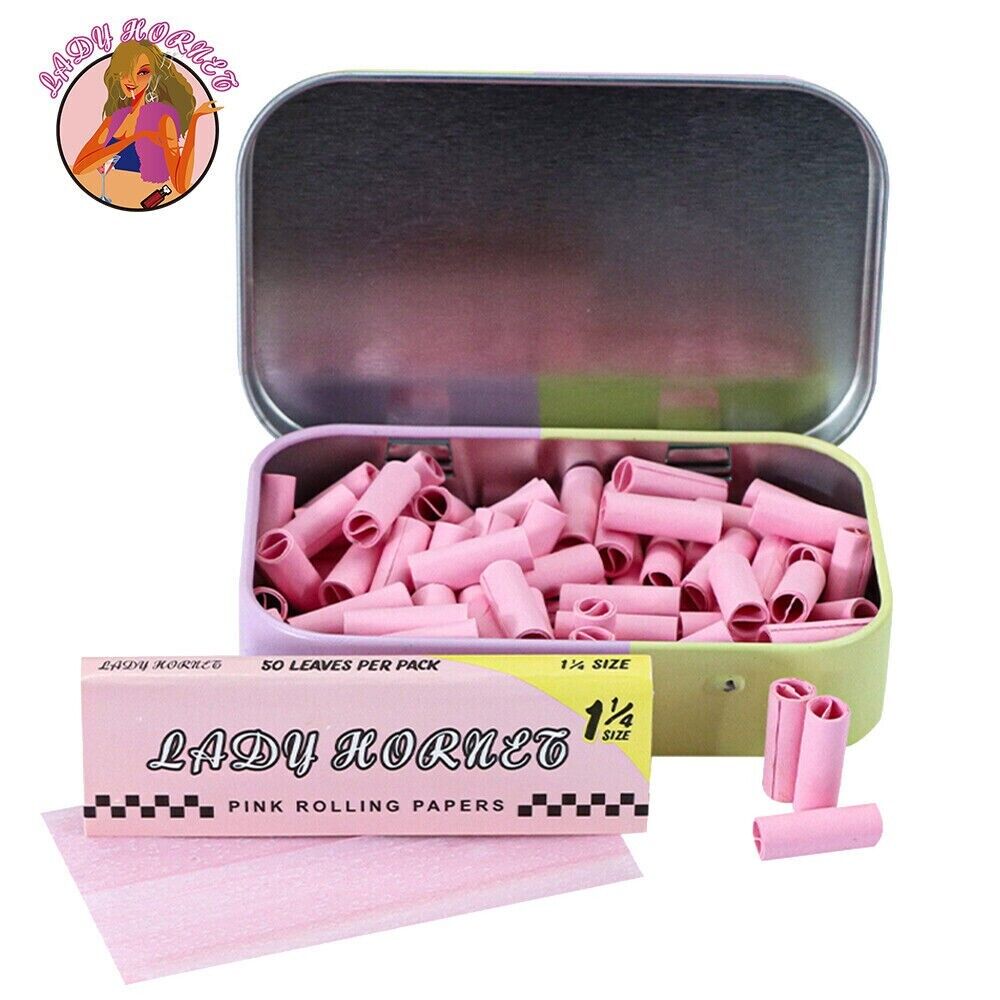 LADY HORNET 5Packs Pink 1 1/4 Rolling Paper W/Pre Rolled Filter + Metal Box