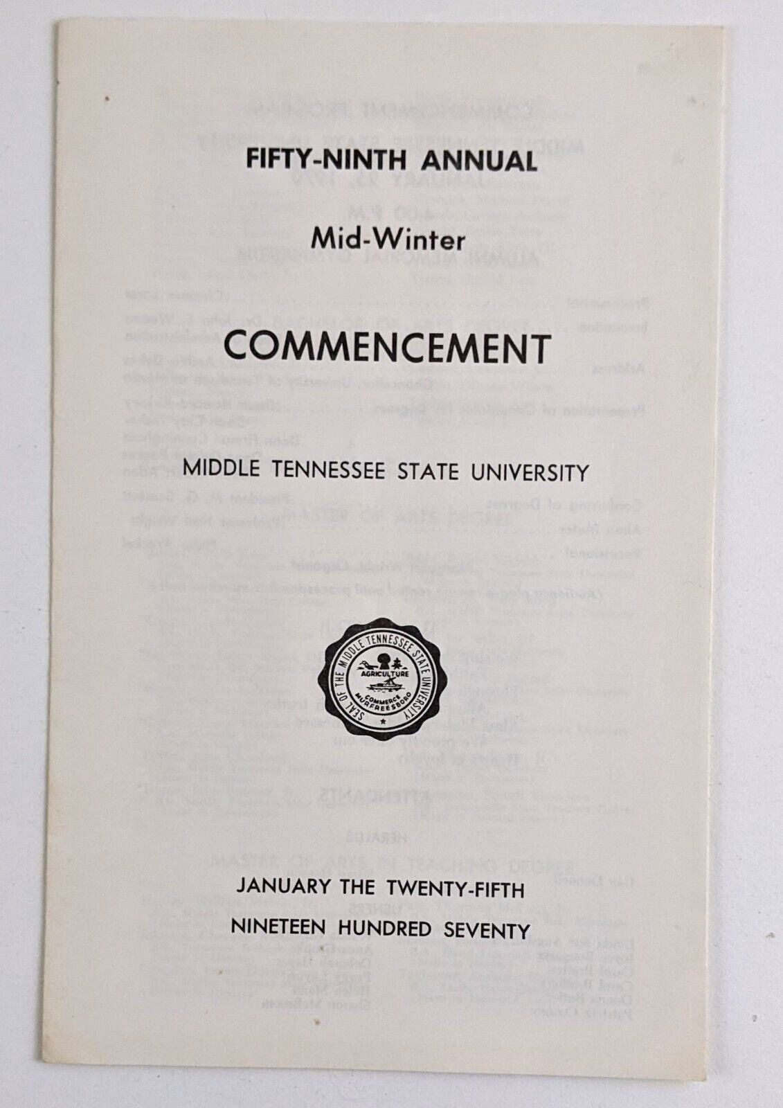 1970 MTSU Middle Tennessee State Mid Winter Graduation Commencement VTG Program