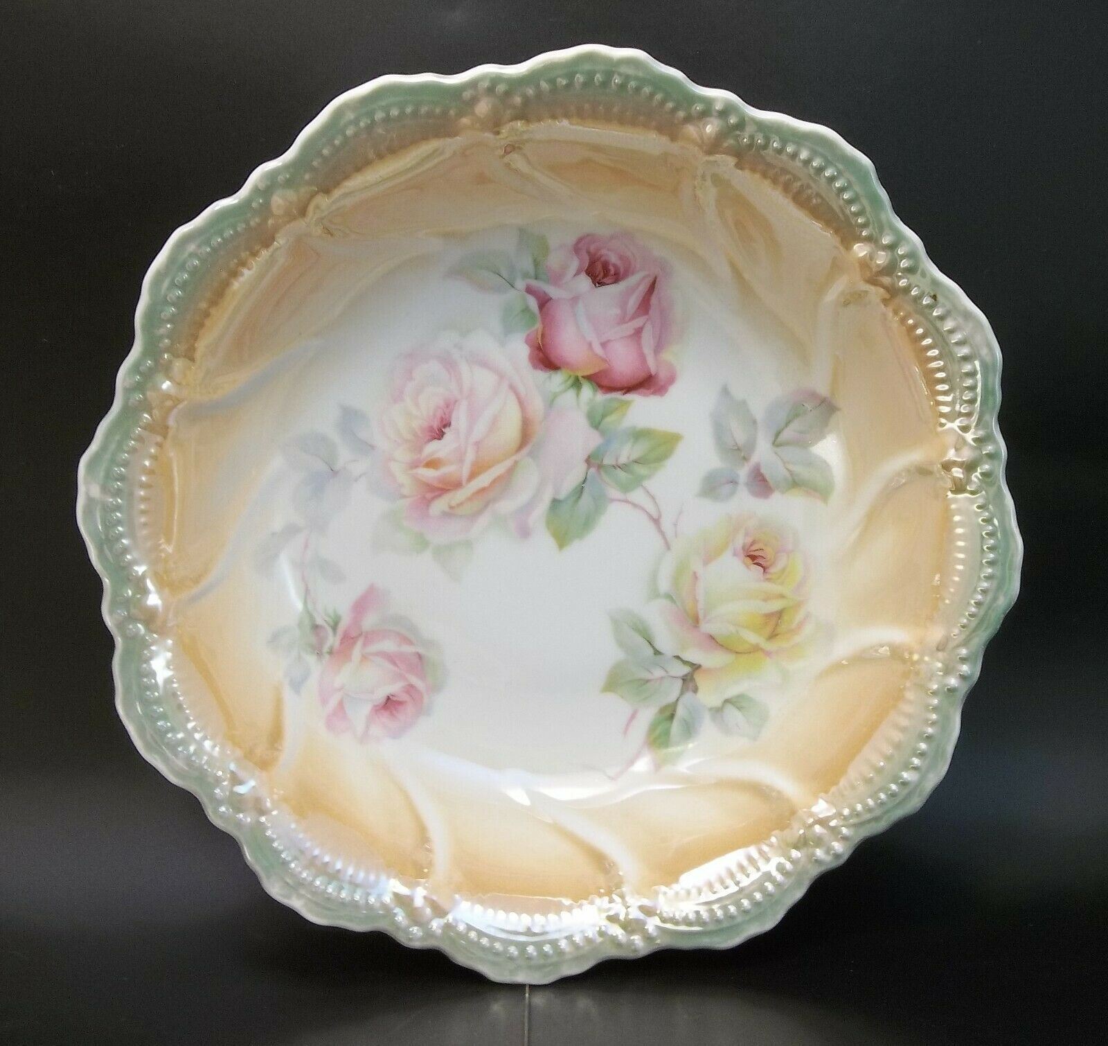 Vintage German Porcelain Large Serving Bowl Peach Luster Pink Peace Roses