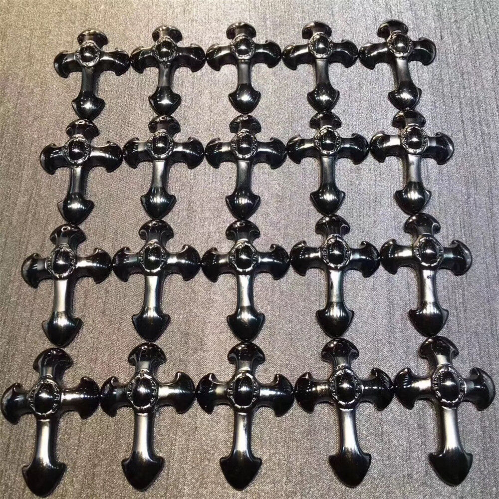 Wholesale 20PCS Natural Black Obsidian Carved Cross Pendant Necklace Jesus Gift