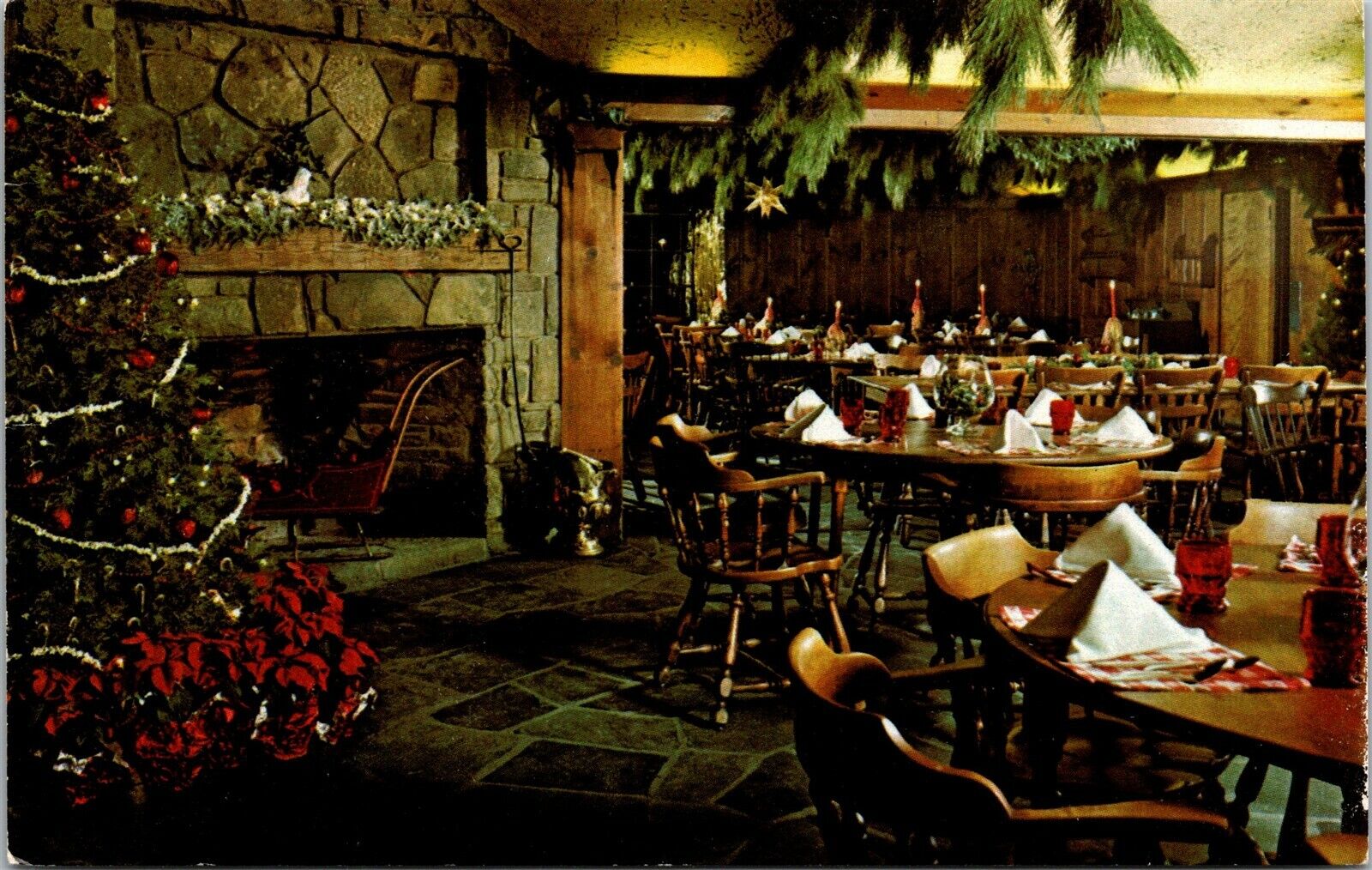 Vtg Holyoke Massachusetts MA The Log Cabin Christmas Season Restaurant Postcard