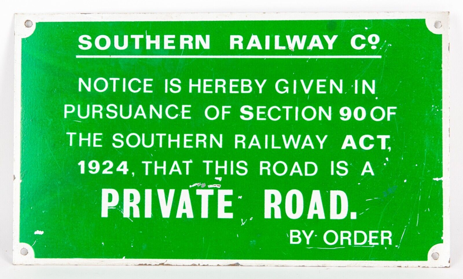 SOUTHERN RAILWAY PRIVATE ROAD NOTICE ENAMEL SIGN, GREEN