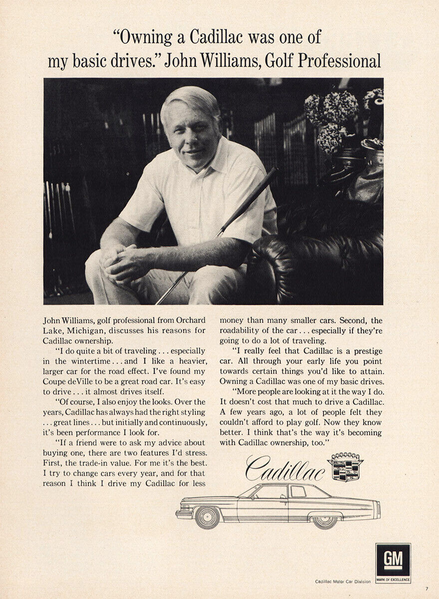 1973 Cadillac: John Williams Golf Professional Vintage Print Ad