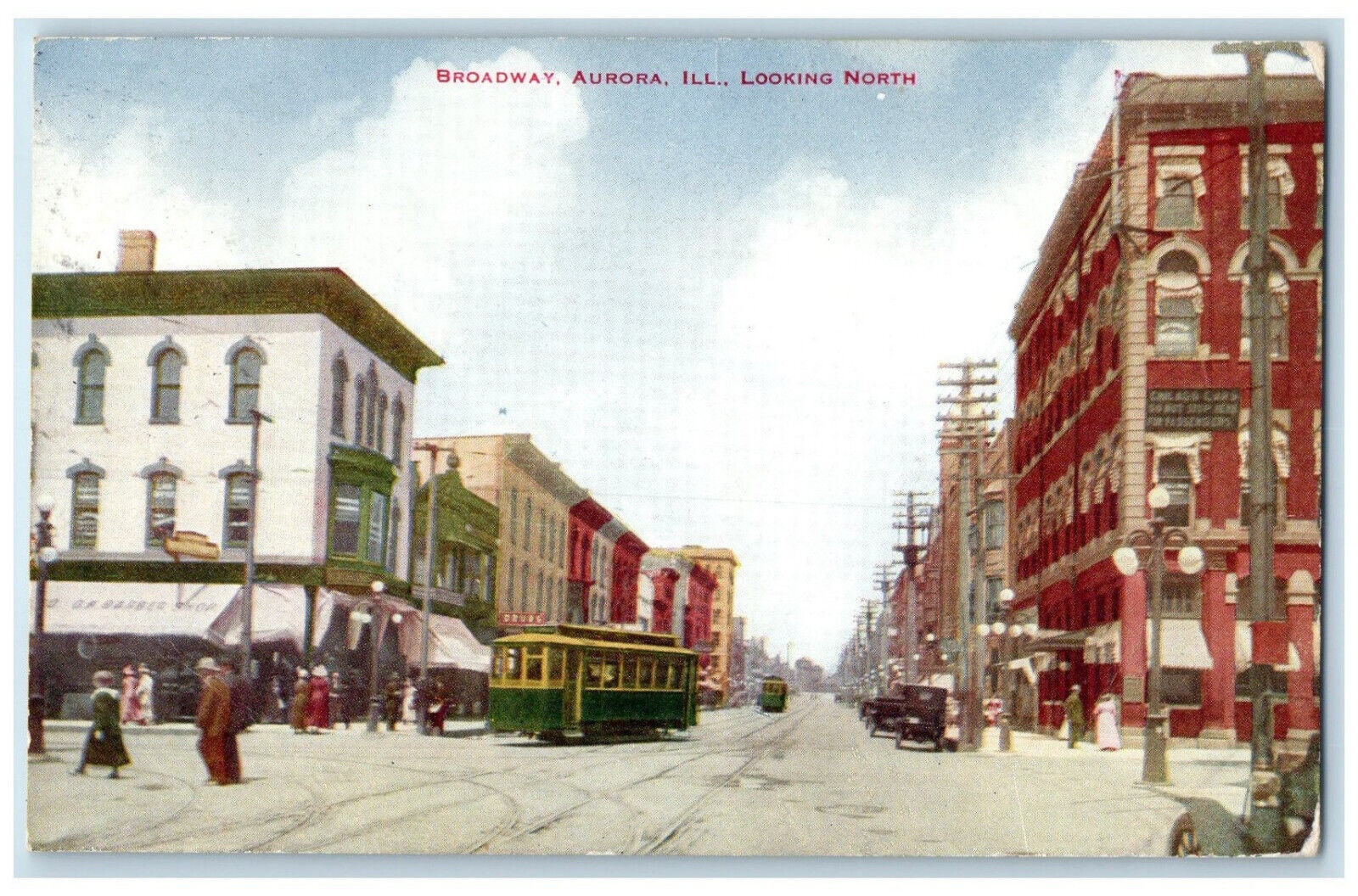 1913 Broadway Aurora Illinois IL View Looking North Antique Posted Postcard