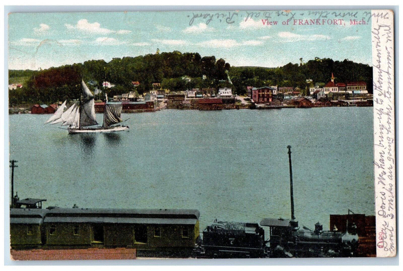 1903 View Of Frankfort Michigan MI, Sailboat Train Scene Antique Postcard