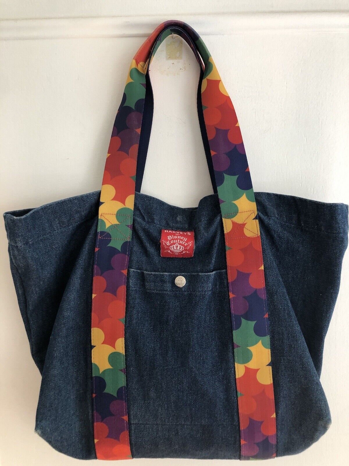 Harveys for Disney Couture  Denim Tote Bag Mickey Mouse Rainbow Seatbelt Bag