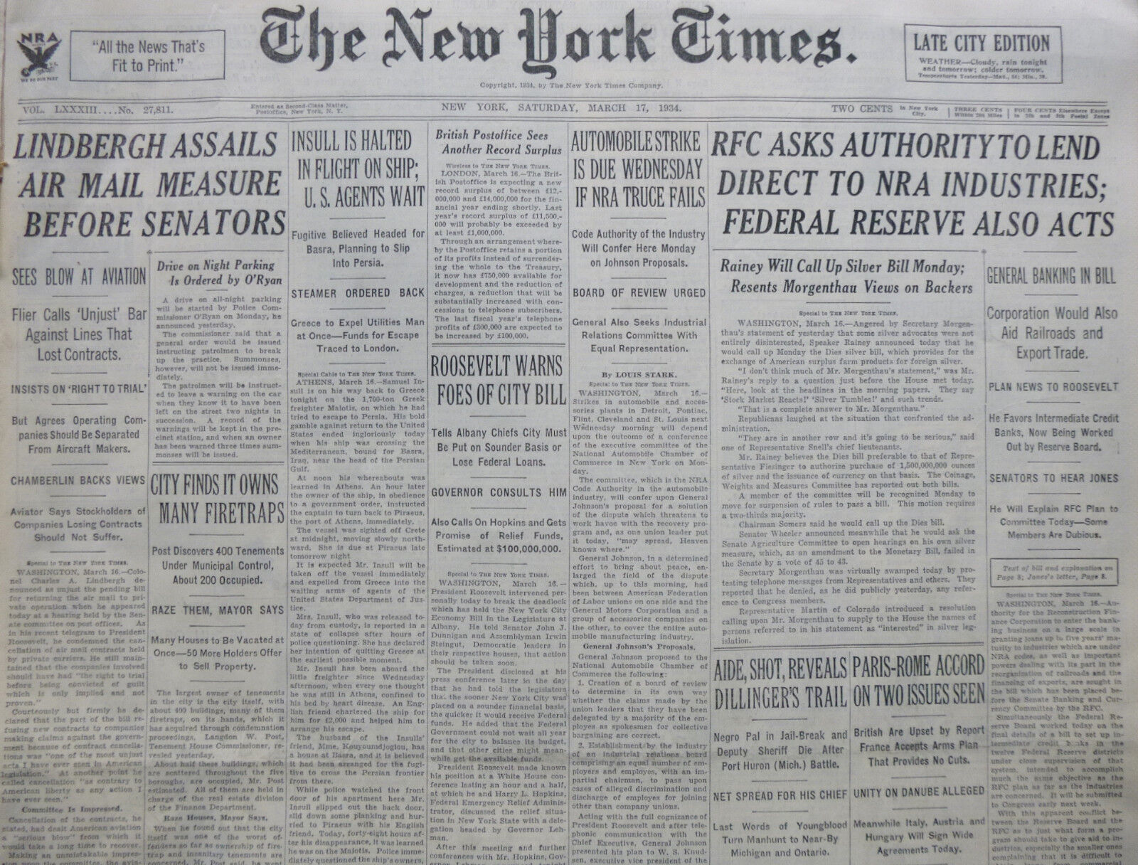3-1934 March 17 DILLINGER JAIL BREAK YOUNGBLOOD GANGSTER MOB NY TIMES FDR HOOVER