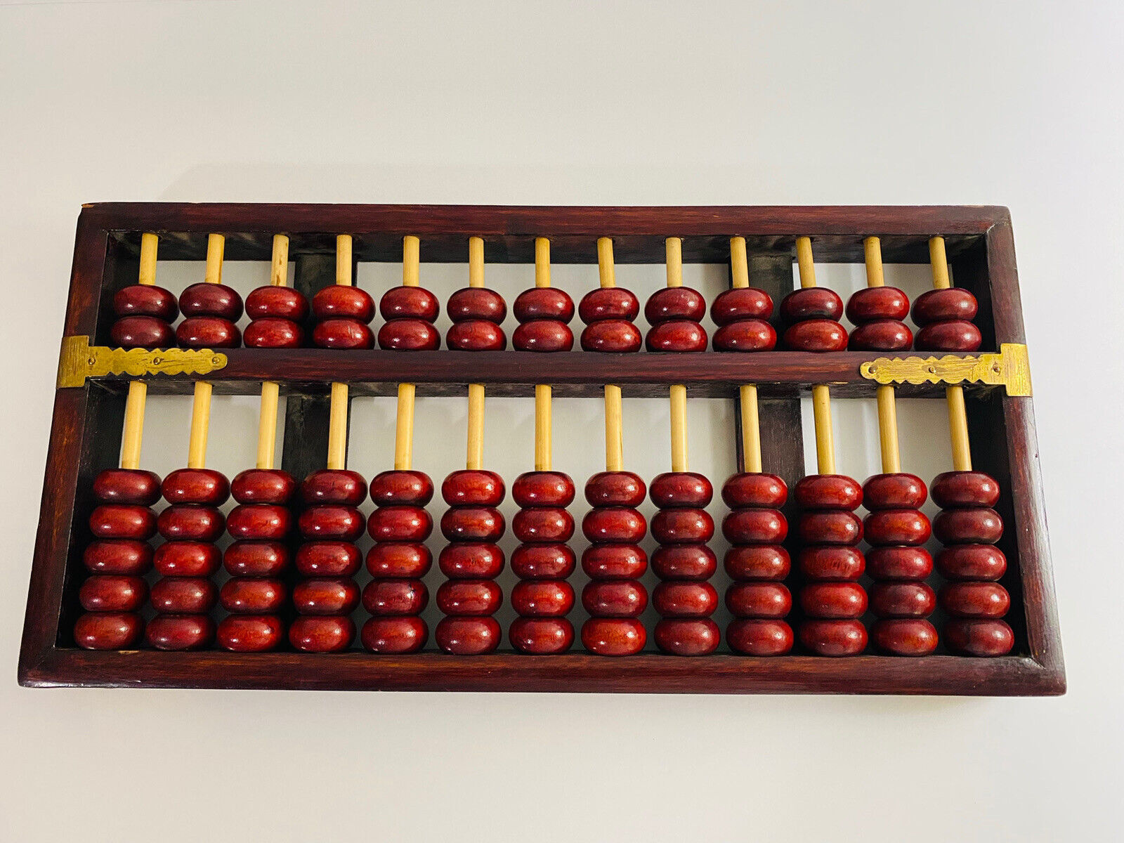Chinese Diamond Rosewood Abacus Brass Ancient Calculator 13 Rods 91 Beads VTG