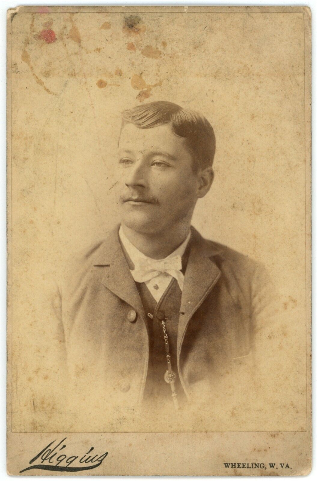 CIRCA 1890'S 2 CABINET CARD Same Handsome Man Mustache Suit Tie Wheeling W. VA