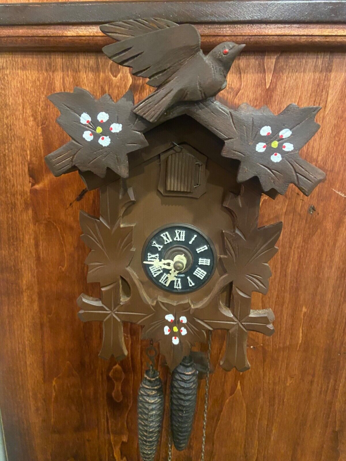 Vintage Authentic German   Cuckoo Clock w Floral Maple Leaf / Bird Topper