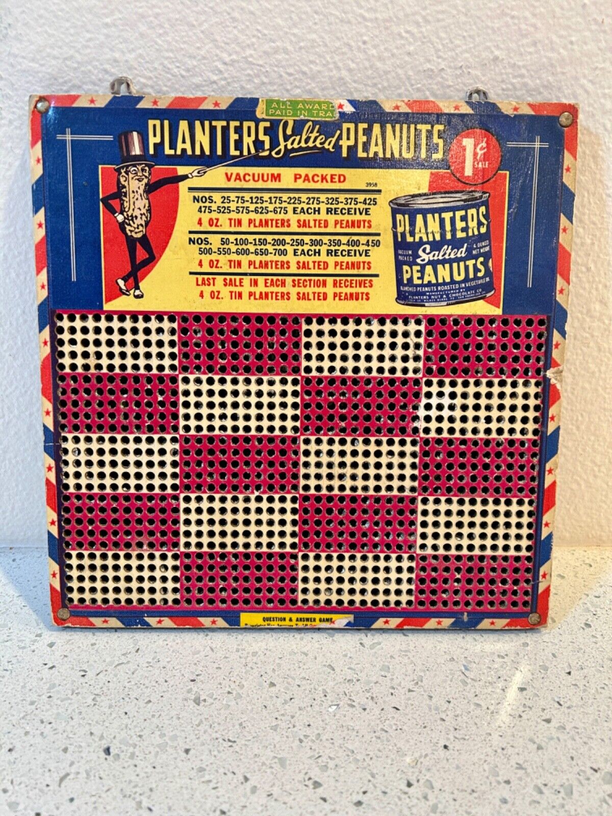 PLANTERS SALTED PEANUTS Vintage Punched Punchboard - Great for Display