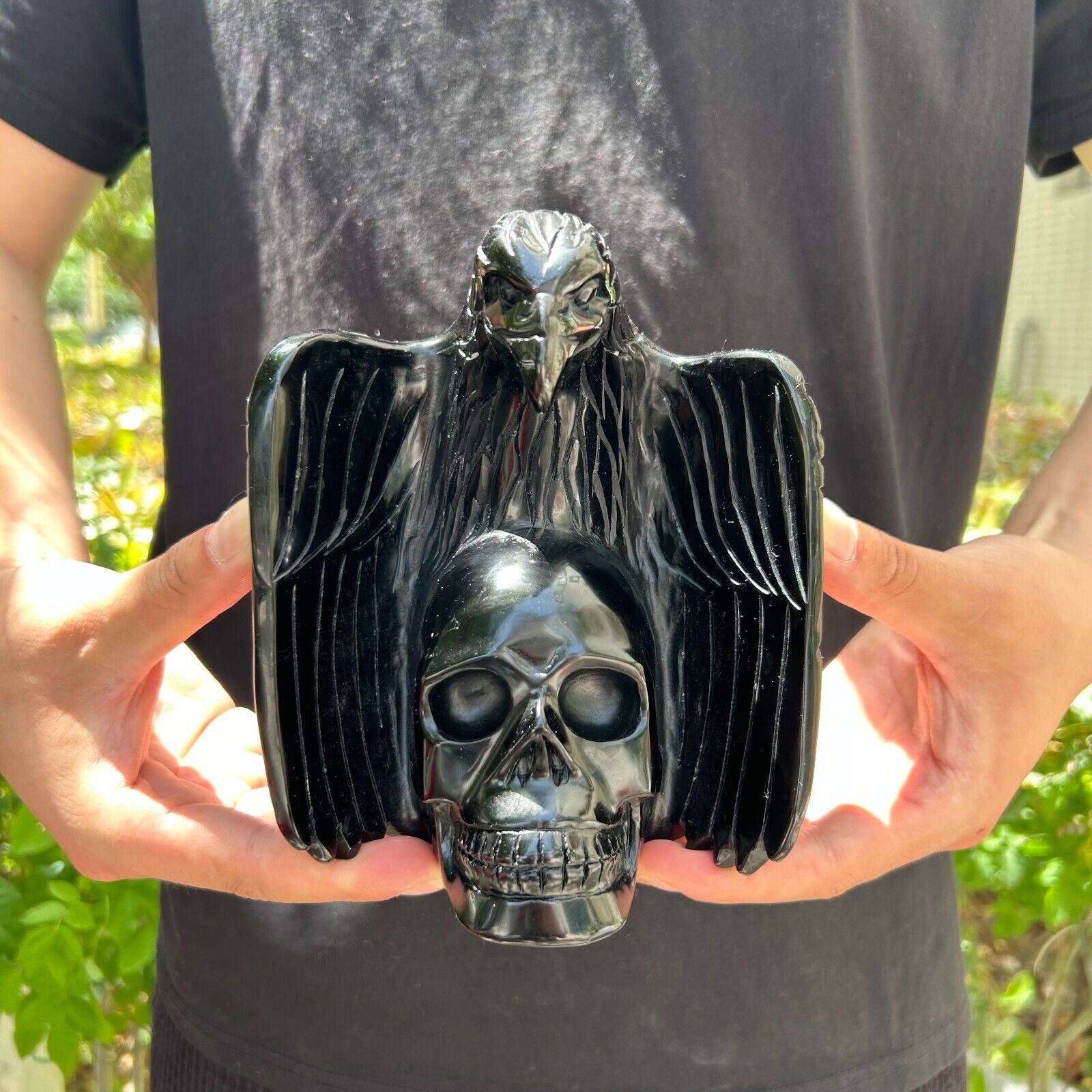 3.9LB 6.2\'\' Natural Black Obsidian Eagle Skull Quartz Statue Crystal Decor Reiki