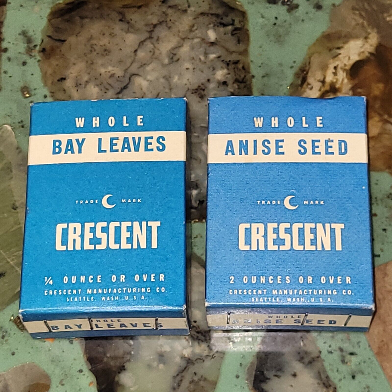 Lot of 2 NOS Vintage CRESCENT SPICE Boxes WHOLE ANISE SEED & WHOLE BAY LEAVES
