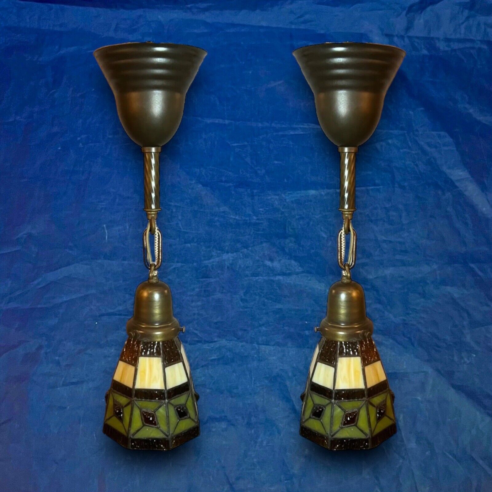 Wired Pair Brass Pendant Light Fixtures Stained Glass Rare Shades 6C