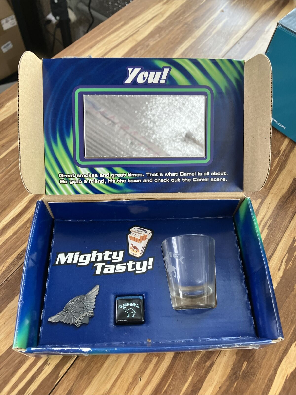Camel Roadhouse Tour Box with Shot Glass, Pin and Pool Chalk Never Used